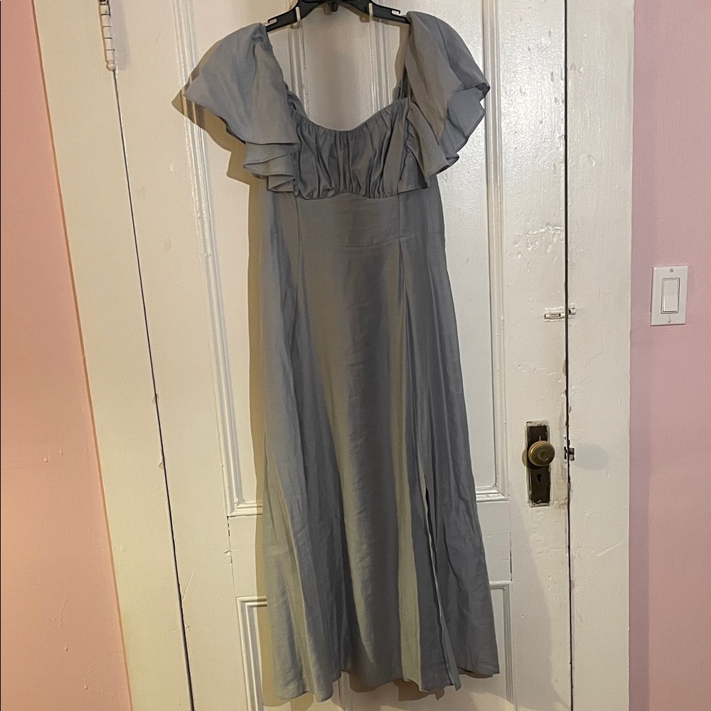 Anthropologie Blue Midi Length A-Line Dress with Flutter Sleeves and a Tie Back